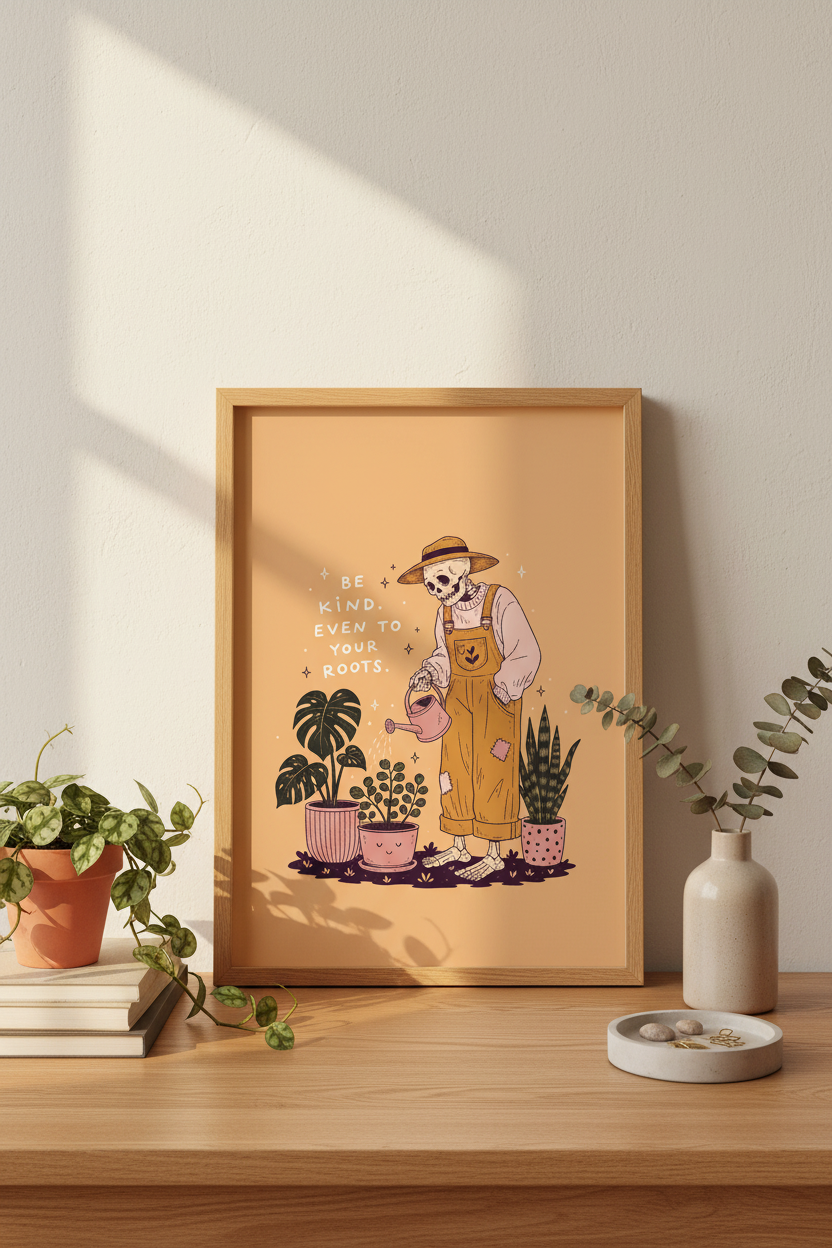 Boho wall art print | Warm peach tones, living room decor | Surreal plant poster