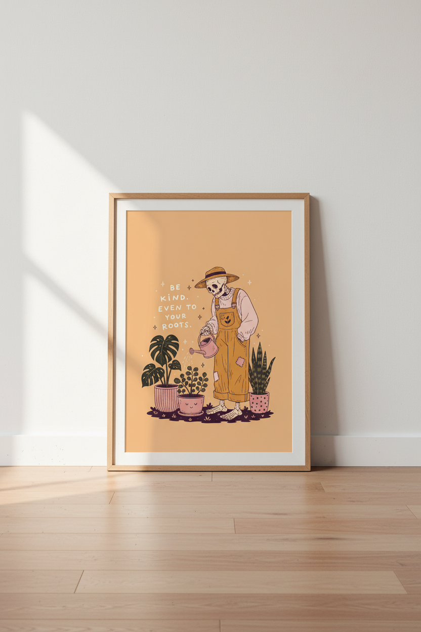 Boho wall art print | Warm peach tones, living room decor | Surreal plant poster