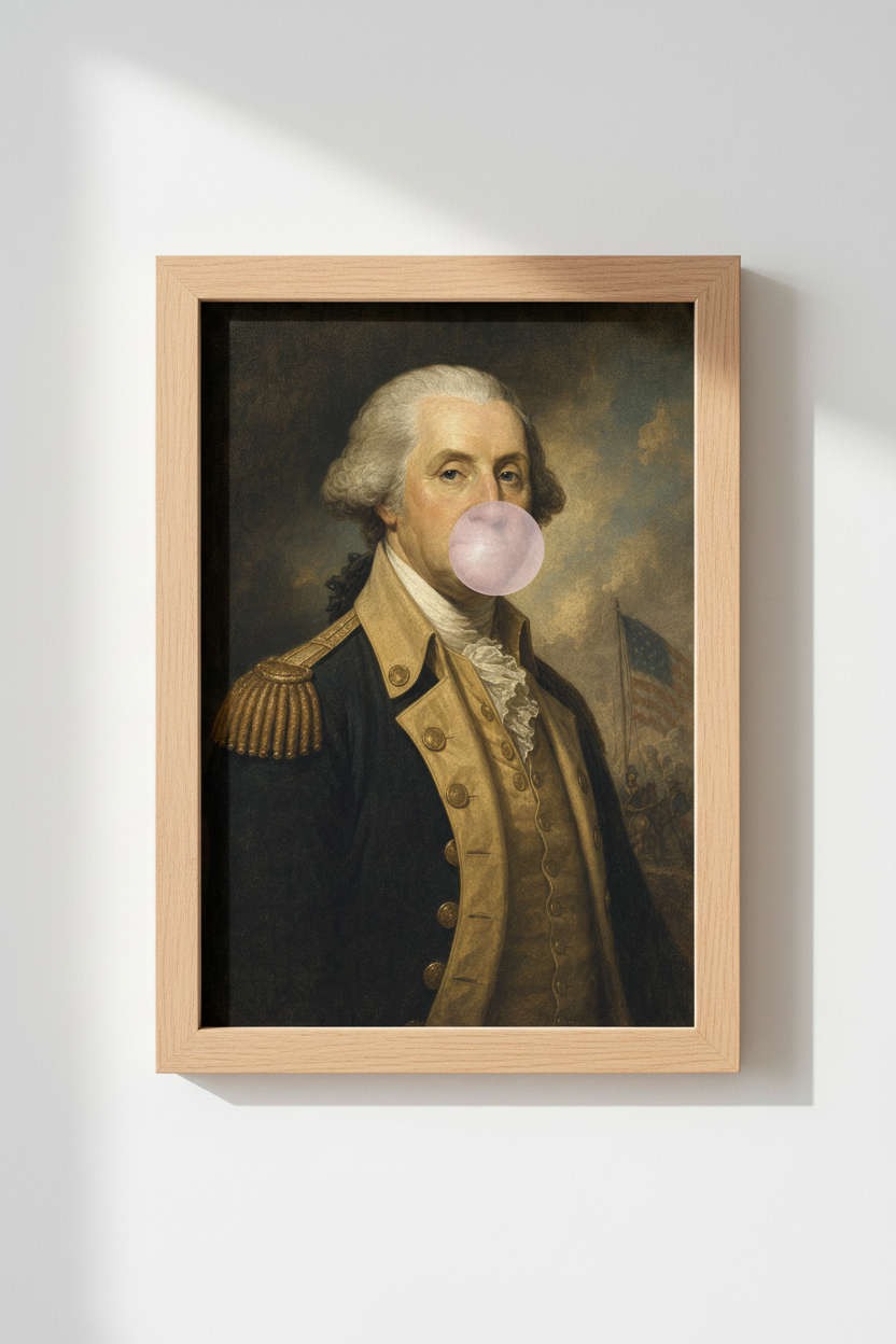 Altered Art Print | George Washington Bubblegum, Funny Historical Portrait Decor