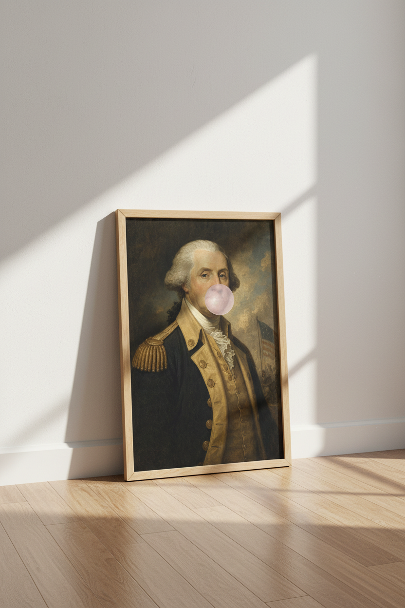 Altered Art Print | George Washington Bubblegum, Funny Historical Portrait Decor