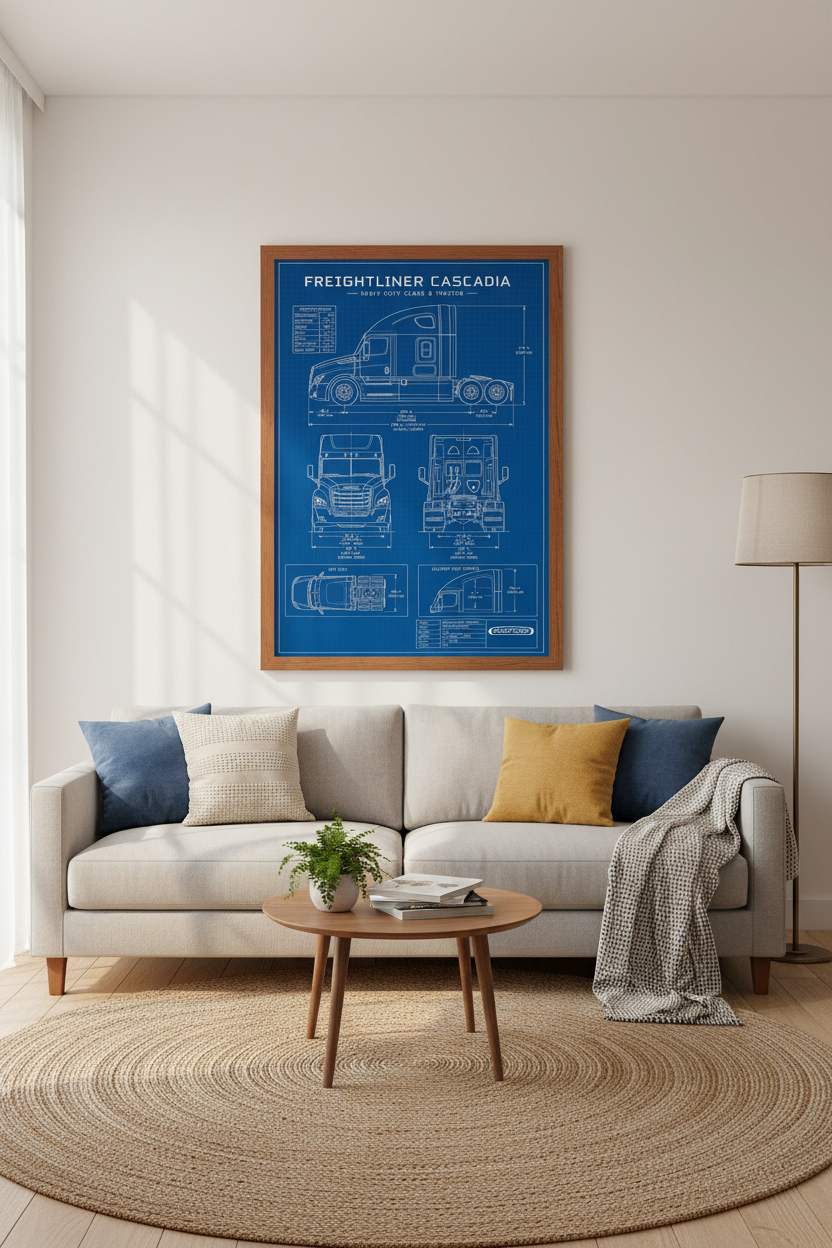 Freightliner Cascadia Blueprint Wall Art | Trucker Gift | Industrial Decor Poster