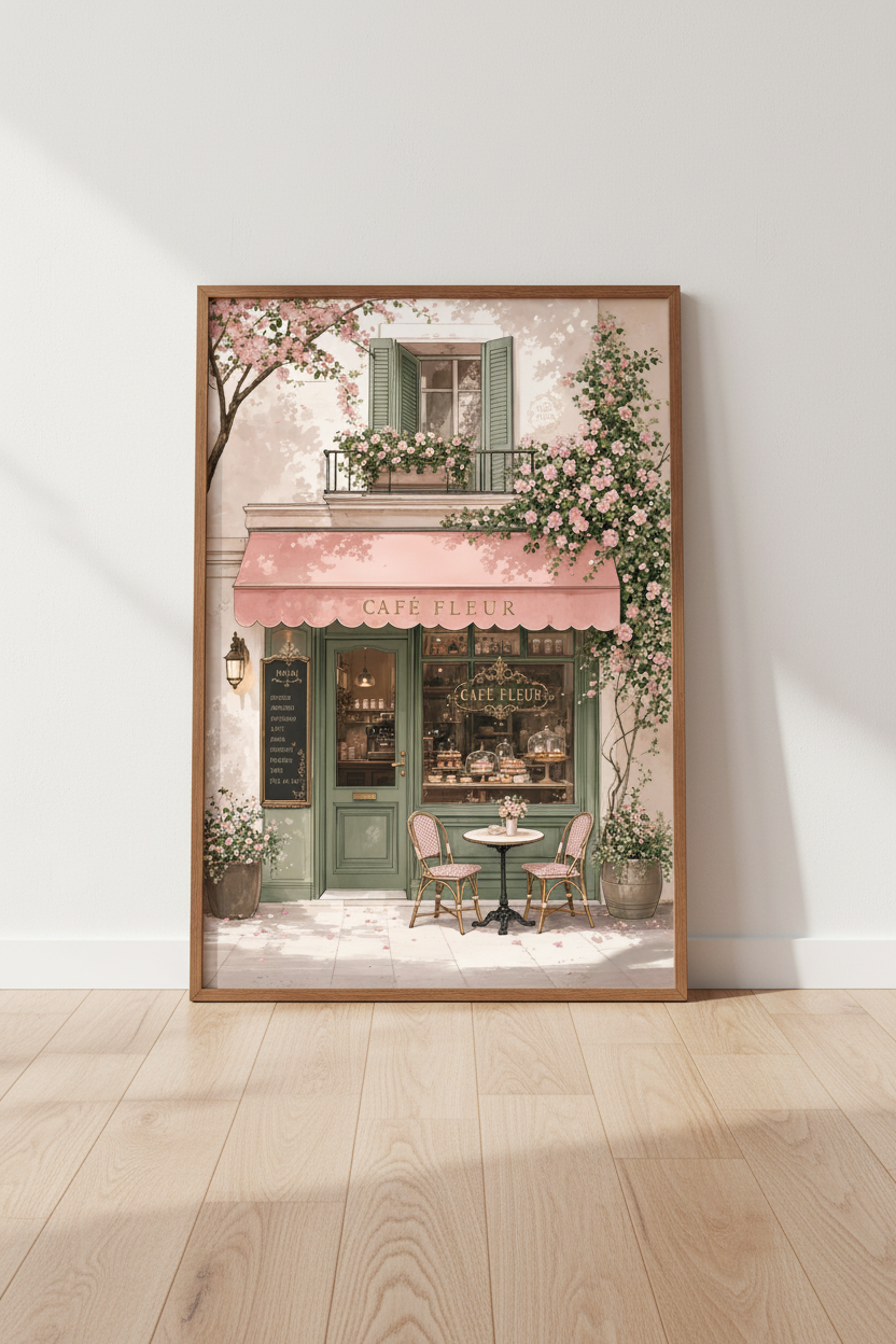 Parisian Cafe Wall Art | French Flower Shop Poster | Pink Pastel Romantic Room Decor