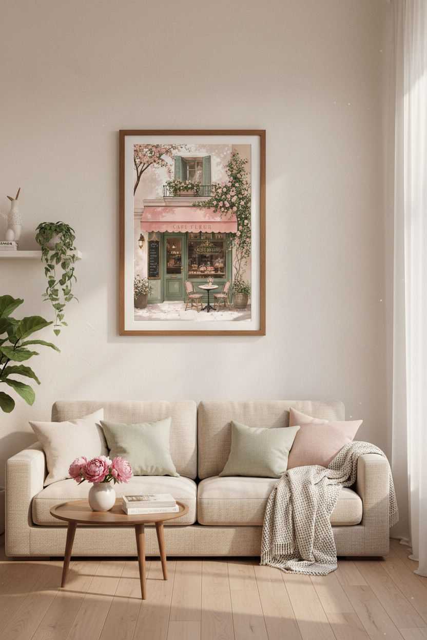 Parisian Cafe Wall Art | French Flower Shop Poster | Pink Pastel Romantic Room Decor