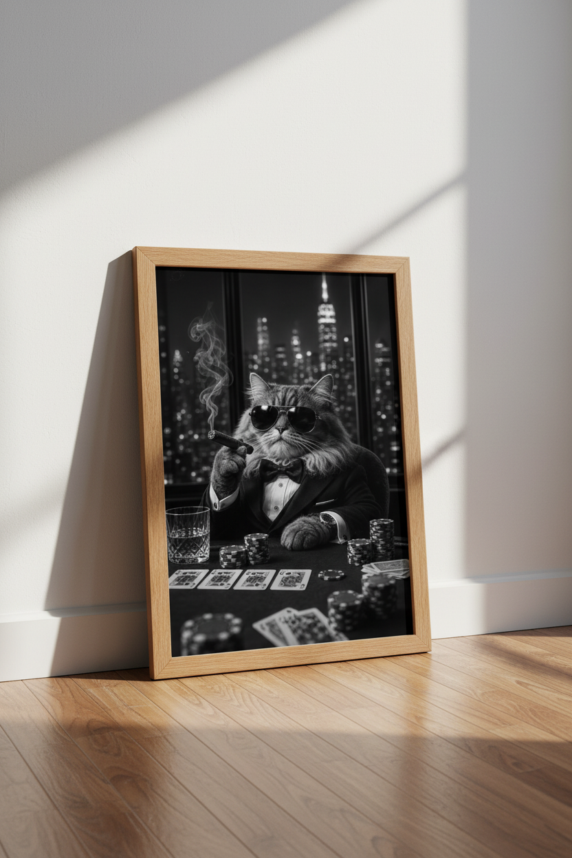 Poker Playing Cat Wall Art | Black and White Boss Feline, Man Cave Decor
