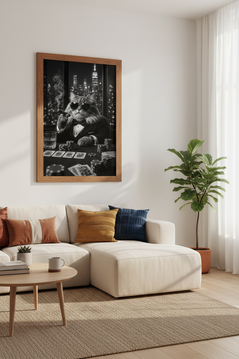 Poker Playing Cat Wall Art | Black and White Boss Feline, Man Cave Decor