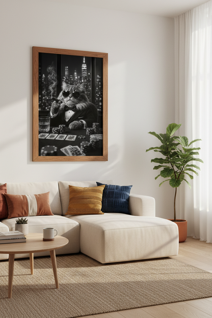 Poker Playing Cat Wall Art | Black and White Boss Feline, Man Cave Decor