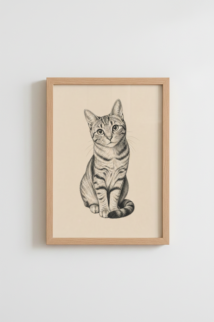 Tabby Cat Sketch Wall Art Print | Vintage Ink Style, Nursery &amp; Living Room Decor