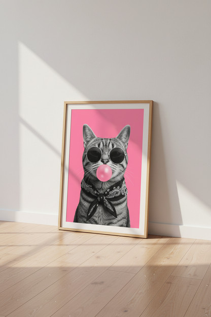 Cool Cat Bubblegum Wall Art Print | Pink Bedroom Decor | Trendy Aesthetic Poster