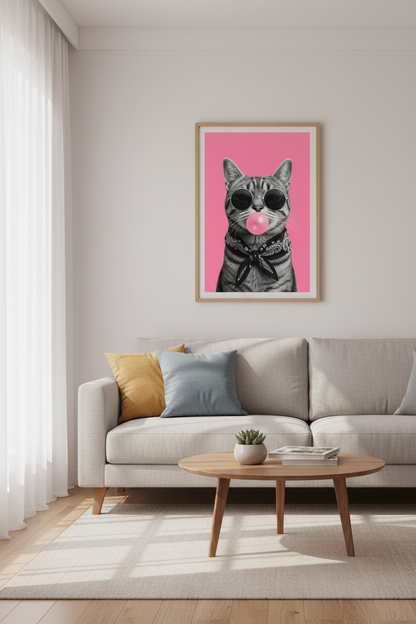 Cool Cat Bubblegum Wall Art Print | Pink Bedroom Decor | Trendy Aesthetic Poster