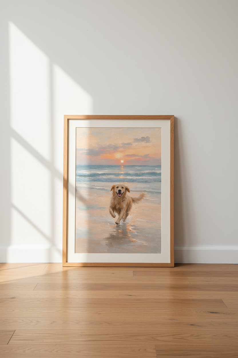 Golden Retriever Beach Wall Art | Sunset Dog Poster | Coastal Impressionist Decor