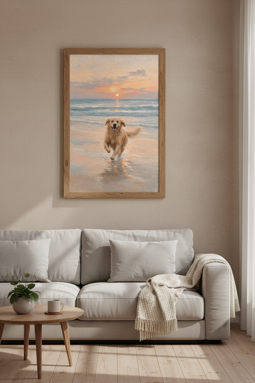 Golden Retriever Beach Wall Art | Sunset Dog Poster | Coastal Impressionist Decor