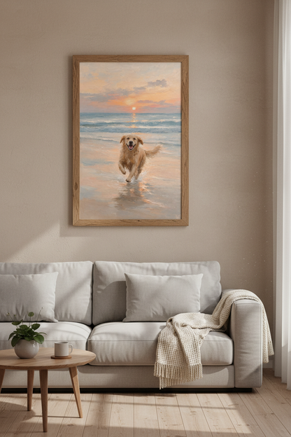 Golden Retriever Beach Wall Art | Sunset Dog Poster | Coastal Impressionist Decor