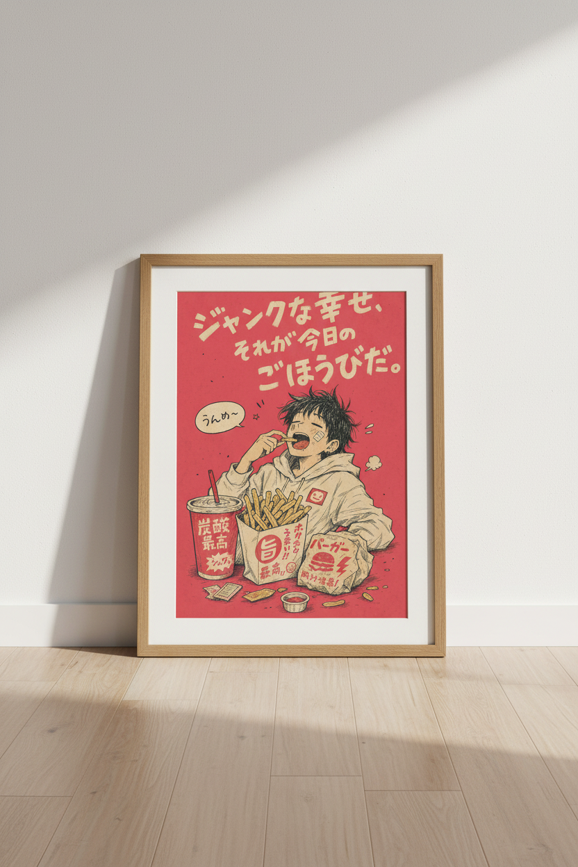 Retro Anime Boy Eating Fries | Japanese Street Food Poster, Kitchen Wall Art Decor