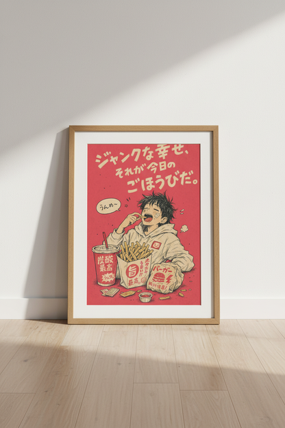 Retro Anime Boy Eating Fries | Japanese Street Food Poster, Kitchen Wall Art Decor