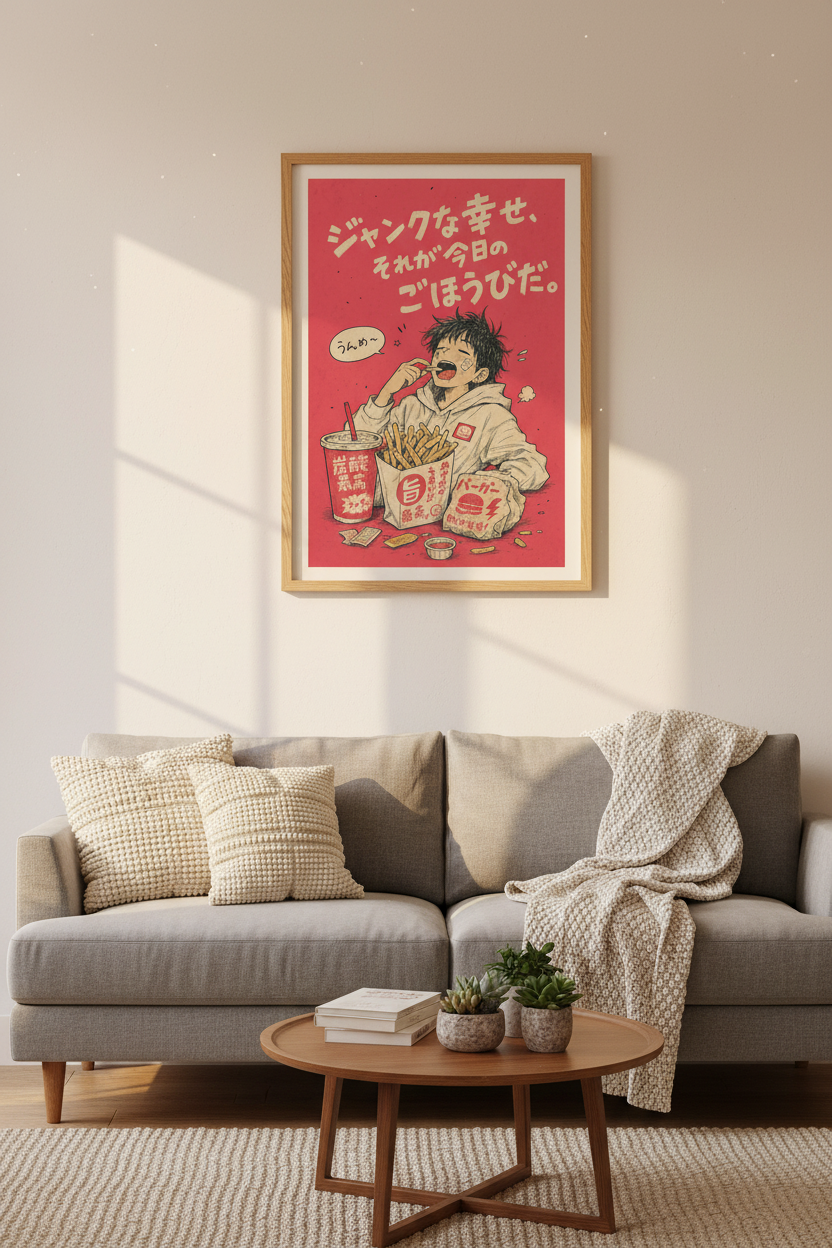 Retro Anime Boy Eating Fries | Japanese Street Food Poster, Kitchen Wall Art Decor
