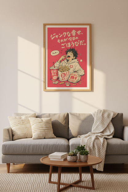 Retro Anime Boy Eating Fries | Japanese Street Food Poster, Kitchen Wall Art Decor
