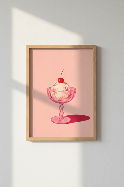 Pink Ice Cream Art Print | Kitchen Decor | Pastel Summer Dessert Poster