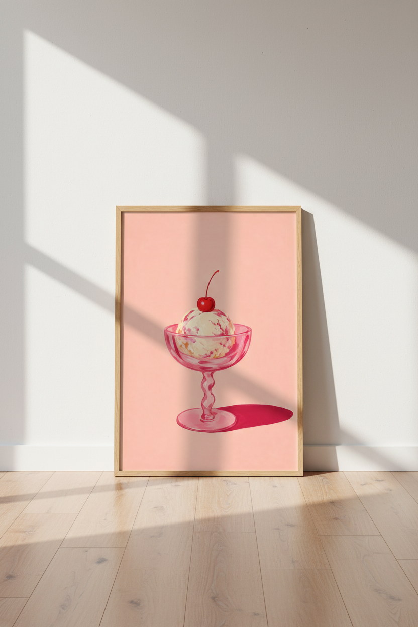Pink Ice Cream Art Print | Kitchen Decor | Pastel Summer Dessert Poster
