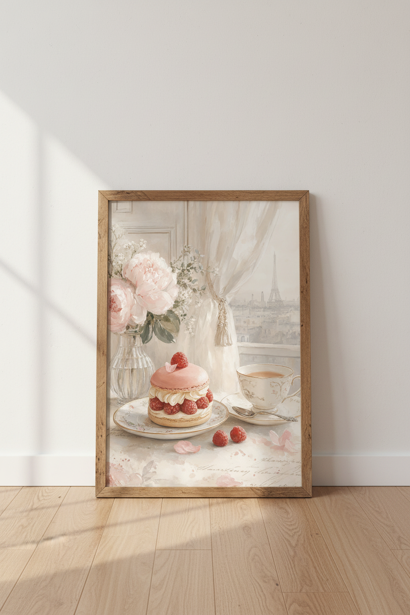 Parisian Cafe Scene | Pink Peony &amp; Macaron Oil Painting, Romantic French Kitchen Decor