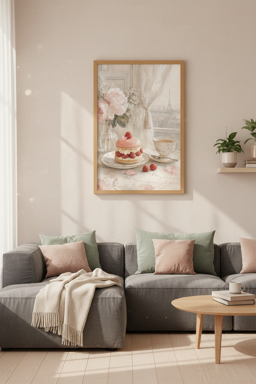 Parisian Cafe Scene | Pink Peony &amp; Macaron Oil Painting, Romantic French Kitchen Decor