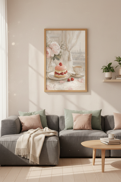 Parisian Cafe Scene | Pink Peony &amp; Macaron Oil Painting, Romantic French Kitchen Decor