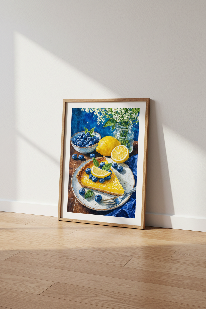 Lemon Tart &amp; Blueberries Watercolor Art | Kitchen Decor | Vibrant Food Poster