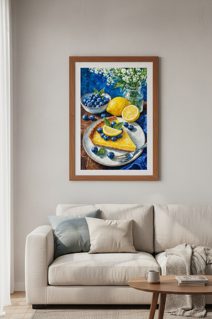 Lemon Tart &amp; Blueberries Watercolor Art | Kitchen Decor | Vibrant Food Poster