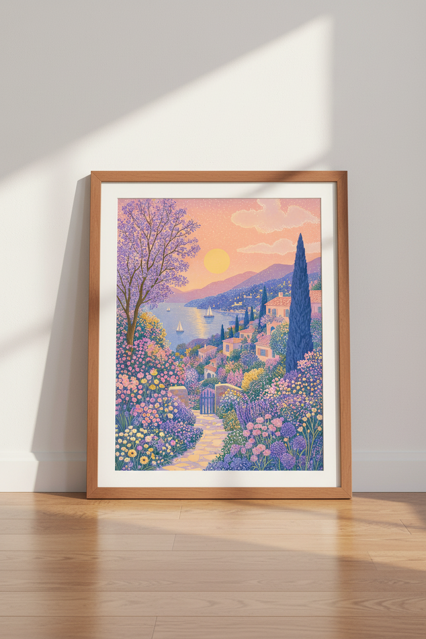 Coastal Garden Path Landscape Art | Pastel Sunset Sea Decor | Dreamy Nature Poster
