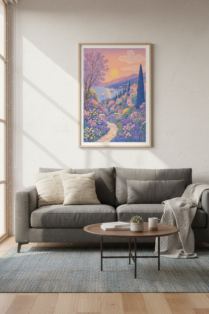 Coastal Garden Path Landscape Art | Pastel Sunset Sea Decor | Dreamy Nature Poster