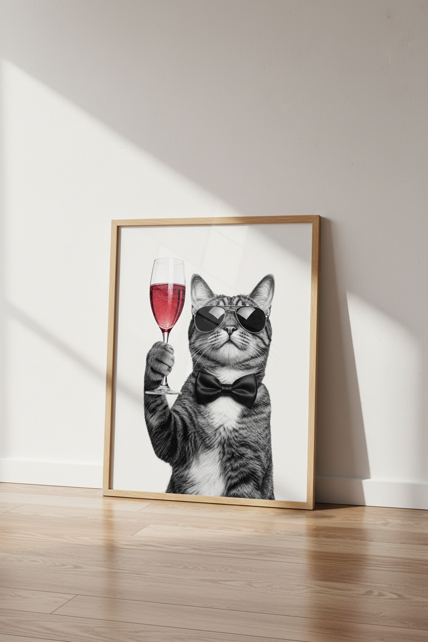 Champacy Cat | Funny Feline Wine Black &amp; White Print, Bar Cart Decor