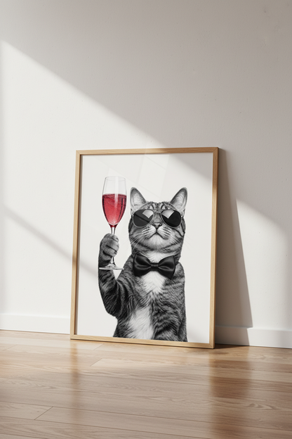 Champacy Cat | Funny Feline Wine Black &amp; White Print, Bar Cart Decor