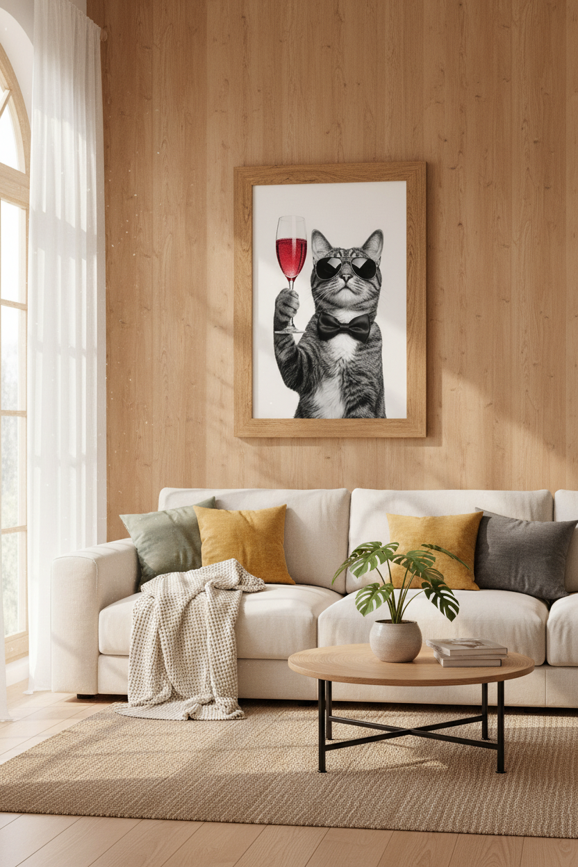 Champacy Cat | Funny Feline Wine Black &amp; White Print, Bar Cart Decor