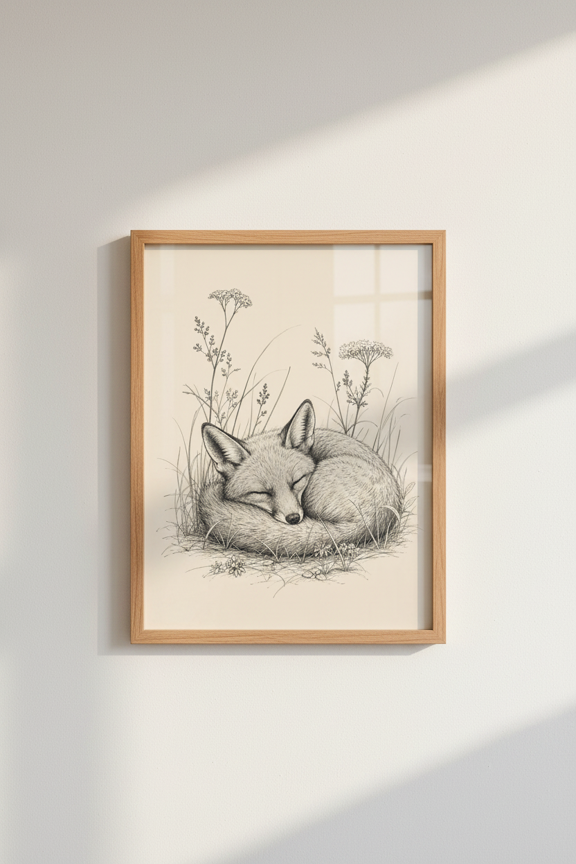 Sleeping Fox Sketch | Vintage Ink Woodland Art, Cottagecore Nursery Decor