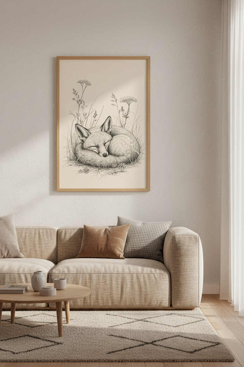 Sleeping Fox Sketch | Vintage Ink Woodland Art, Cottagecore Nursery Decor