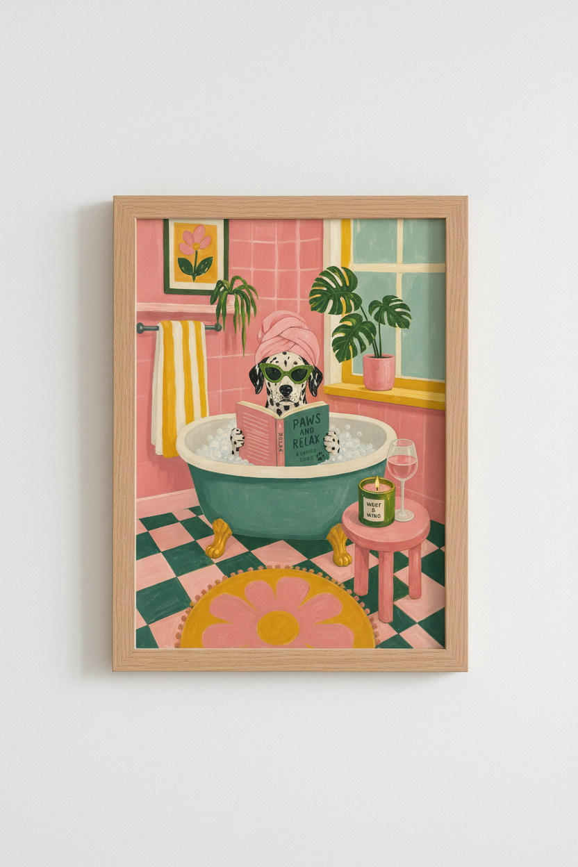 Dog in Bathtub Print | Eclectic Dalmatian Bathroom Decor | Pink Aesthetic Poster