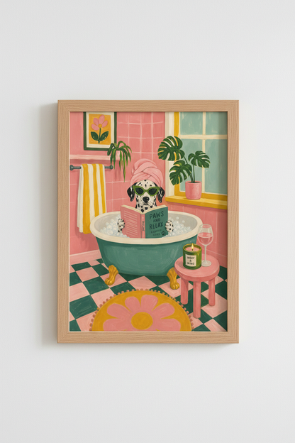 Dog in Bathtub Print | Eclectic Dalmatian Bathroom Decor | Pink Aesthetic Poster