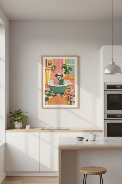 Dog in Bathtub Print | Eclectic Dalmatian Bathroom Decor | Pink Aesthetic Poster