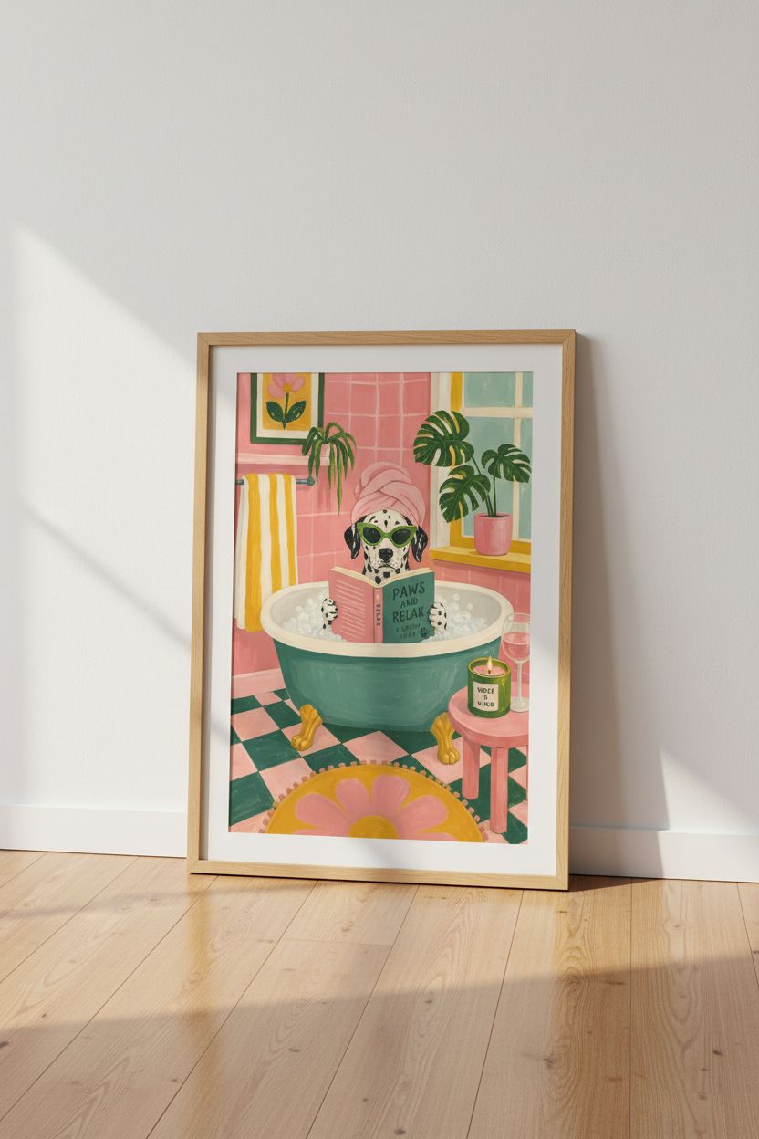 Dog in Bathtub Print | Eclectic Dalmatian Bathroom Decor | Pink Aesthetic Poster