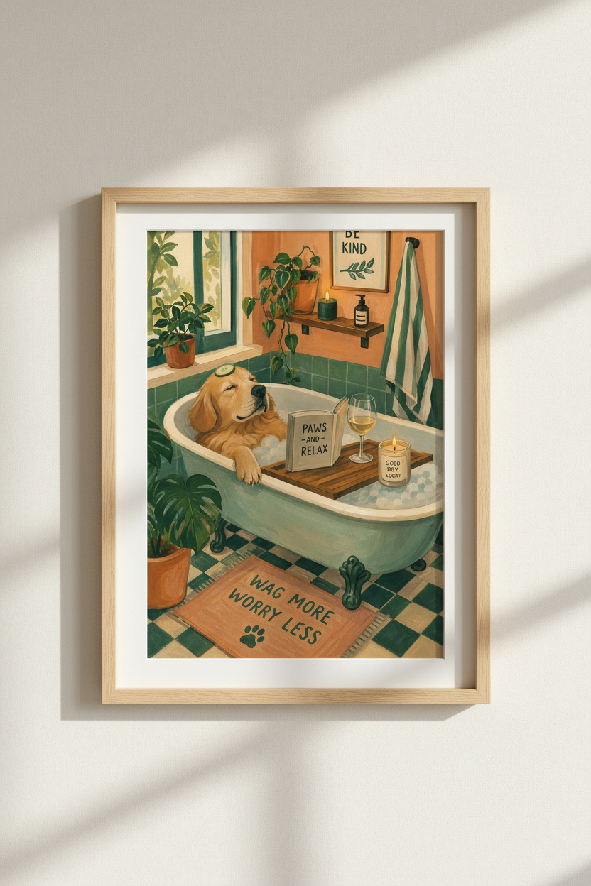 Funny Dog Bathroom Art | Golden Retriever Spa Print, Green Boho Decor Poster