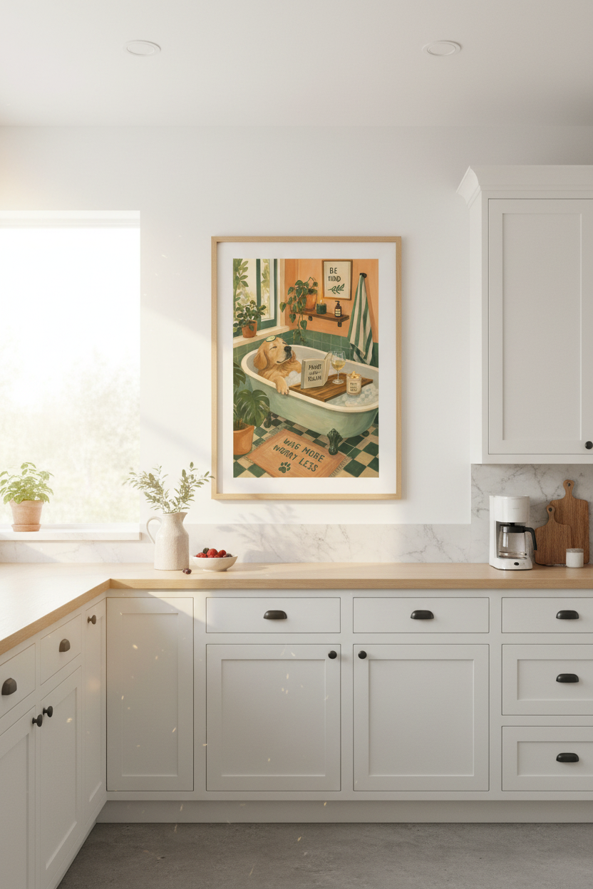 Funny Dog Bathroom Art | Golden Retriever Spa Print, Green Boho Decor Poster