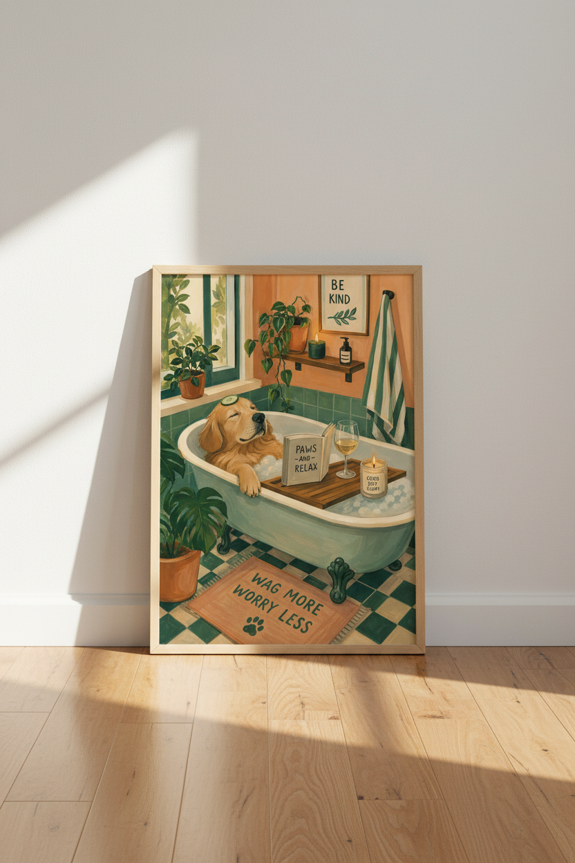 Funny Dog Bathroom Art | Golden Retriever Spa Print, Green Boho Decor Poster