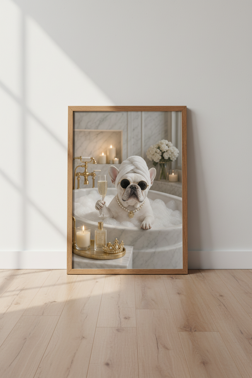 French Bulldog Bath Wall Art | Luxury Spa Dog Decor | Funny Bubble Bath Poster