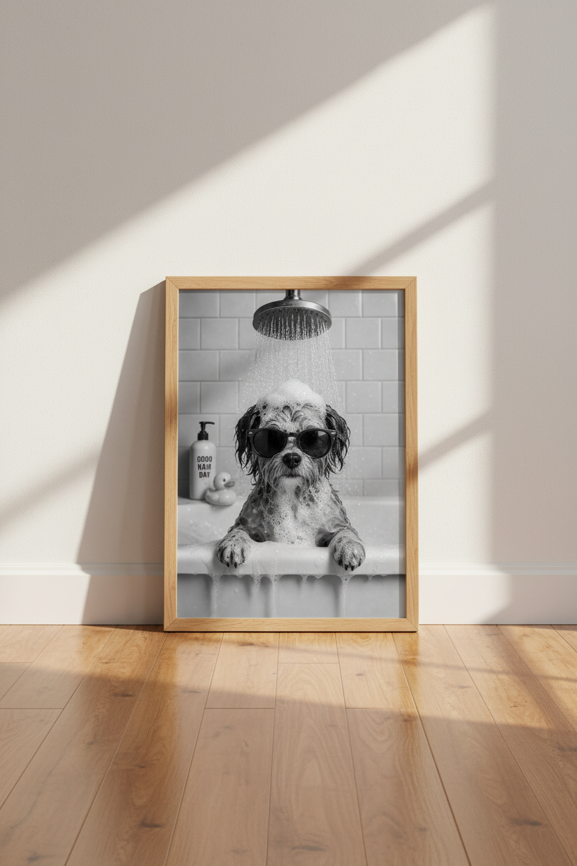 Dog in Bathtub Wall Art | Funny Black and White Puppy Poster | Modern Bathroom Decor