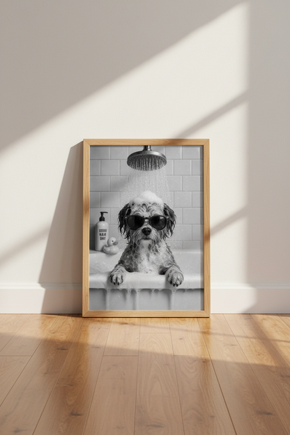 Dog in Bathtub Wall Art | Funny Black and White Puppy Poster | Modern Bathroom Decor