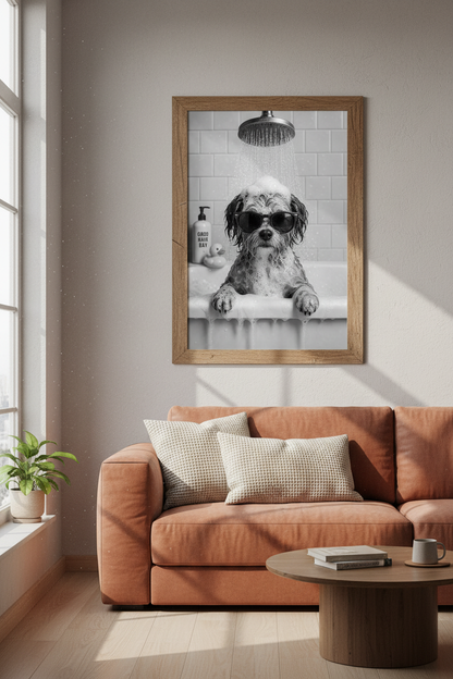 Dog in Bathtub Wall Art | Funny Black and White Puppy Poster | Modern Bathroom Decor