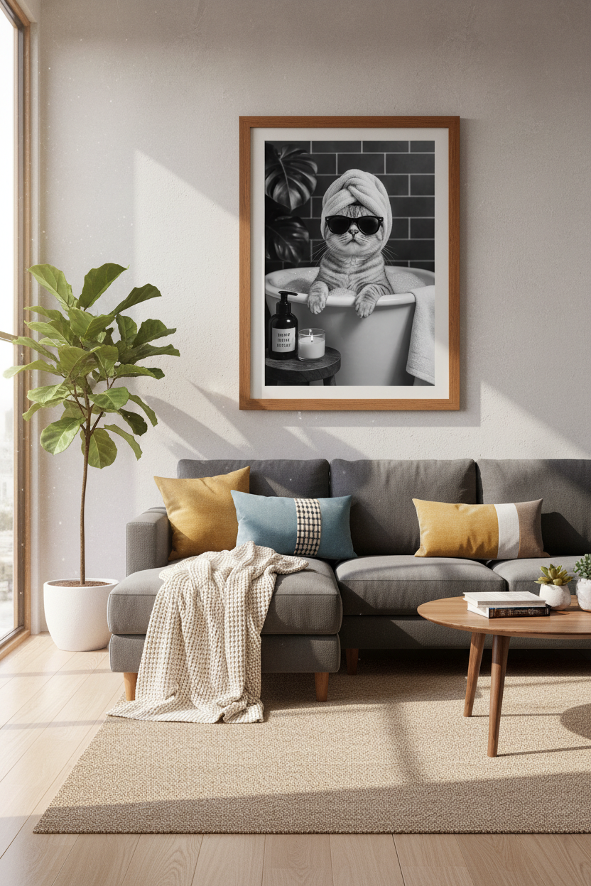 Funny Cat in Bathtub Wall Art | Black and White Spa Poster, Bathroom Decor