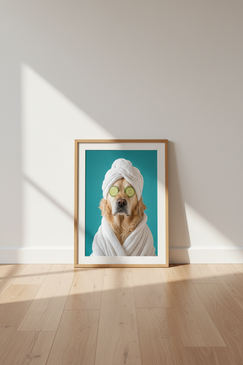 Golden Retriever Spa Wall Art | Funny Dog Bathroom Decor | Teal Aesthetic Poster
