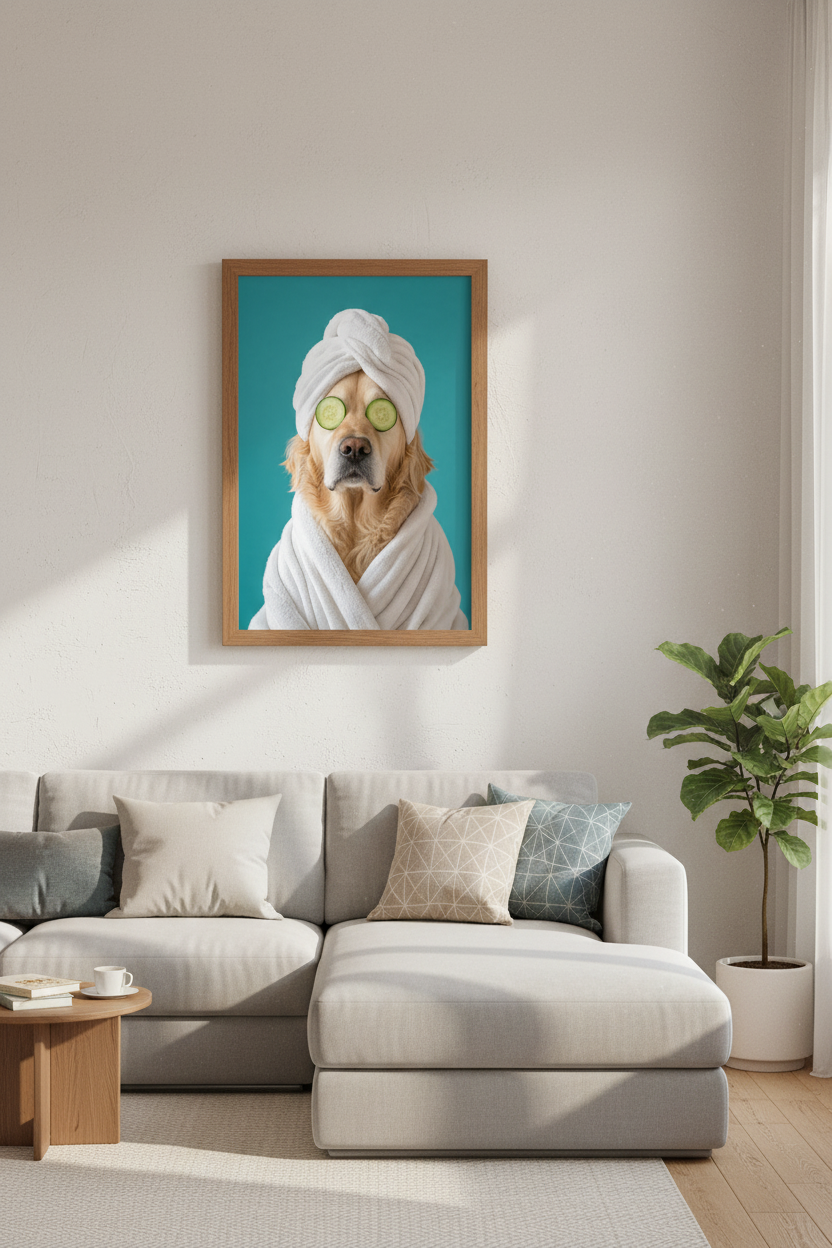 Golden Retriever Spa Wall Art | Funny Dog Bathroom Decor | Teal Aesthetic Poster