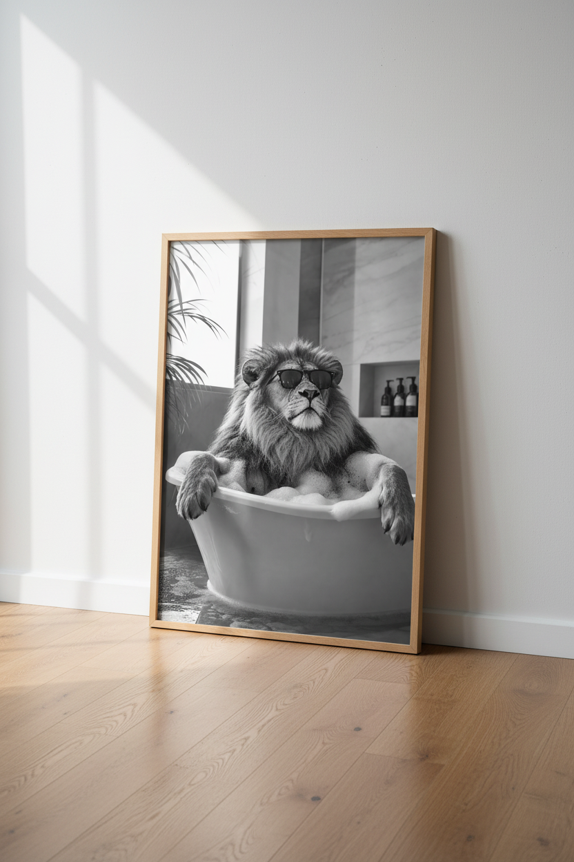 Lion in Bathtub Wall Art | Funny Black &amp; White Animal Poster | Modern Bathroom Decor