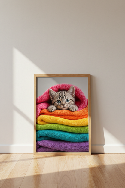Cute Kitten in Rainbow Blankets Wall Art Print | Nursery Decor | Colorful Cat Poster